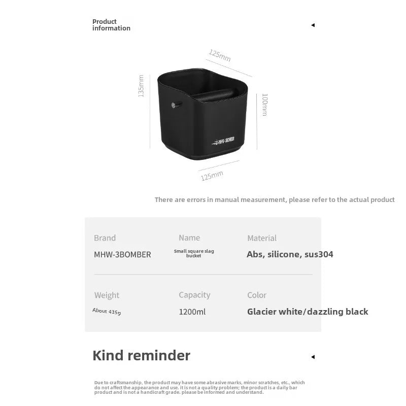 MHW-3BOMBER Small Square Coffee Grounds Bucket Home Bar Espresso Machine Waste Powder Grounds Knocking Grounds Box