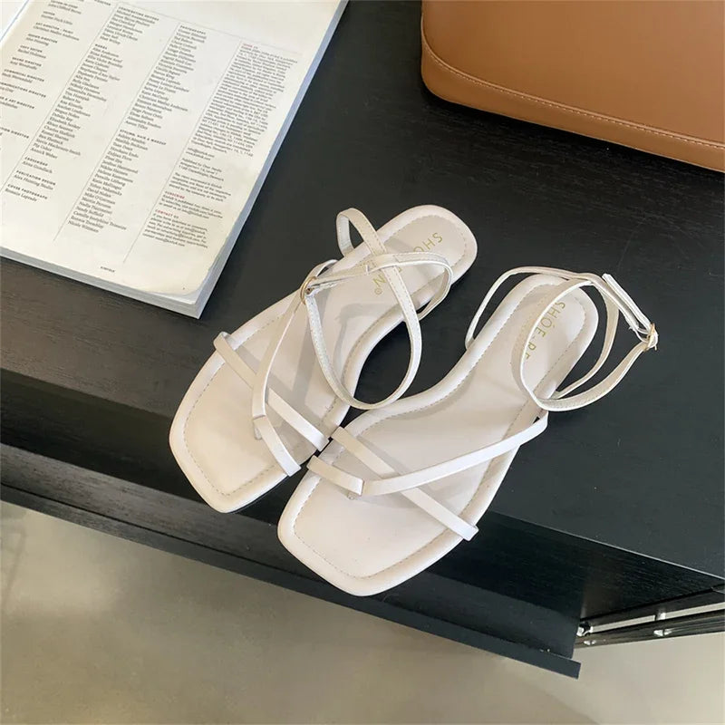 Summer Gladiator Women Sandals Fashion Elegant Narrow Band Clip Toe Shoes Ladies Comfort Flats Beach Sandalias