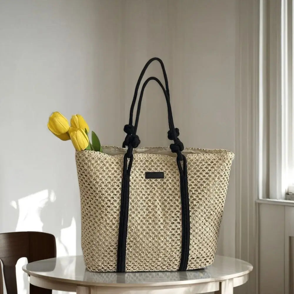 Handmade Straw Woven Bags Large Capacity Zipper Closure Beach Handbags Top-Handle Solid Color Women's Shoulder Bags