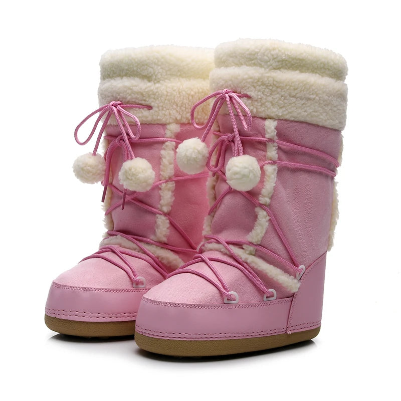 Winter Women Snow Boots Warm Plush Comfortable Platform Shoes Lady Lace-up Mid-Calf Pink Boots Non-slip Platform Shoes Booties