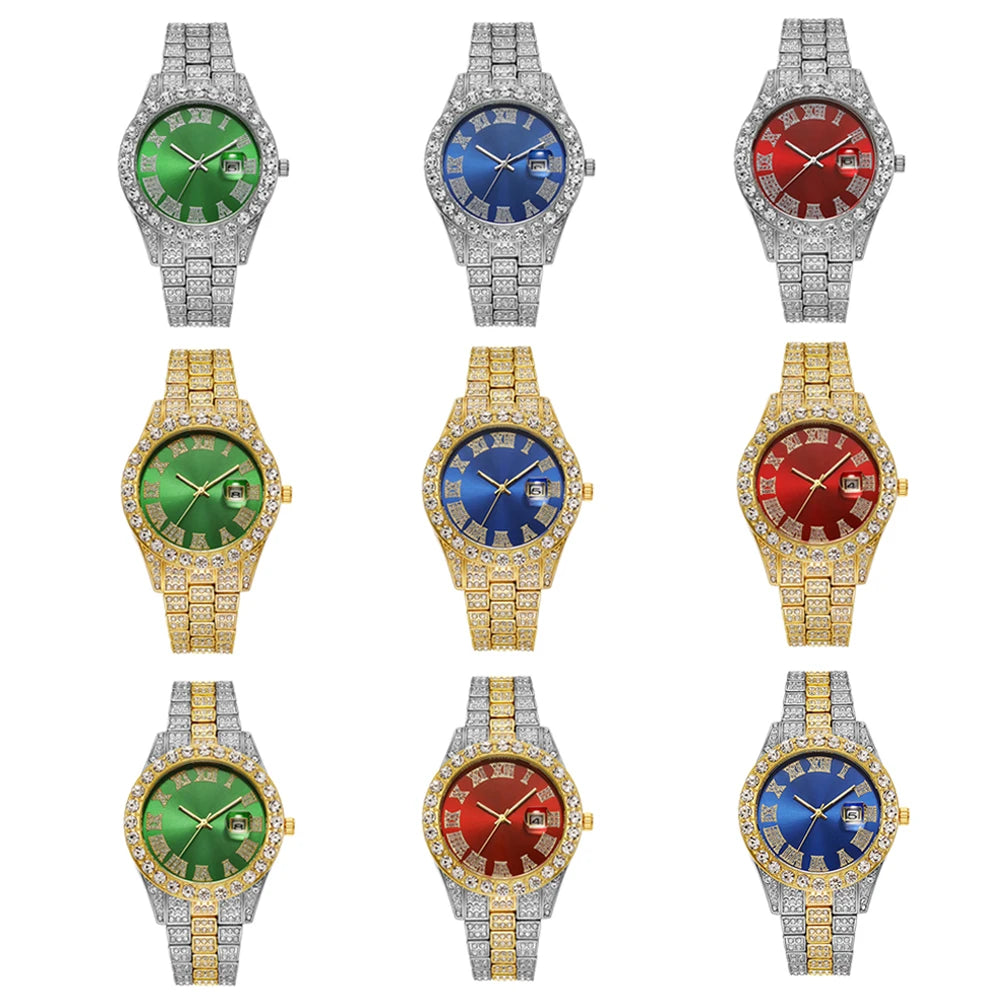 Hip Hop Luxury Men Calendar Watch Stainless Steel Gold Color Iced Out Paved Rhinestones Wristwatch Reloj Hombre