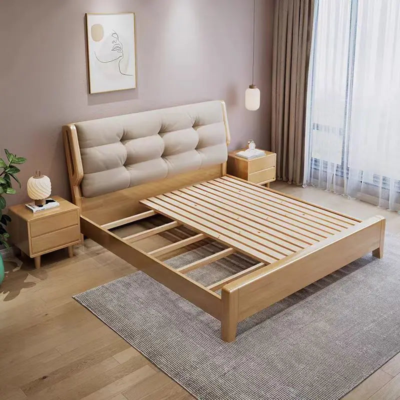 Home Furniture Bedroom Heavy Duty Wood Platform Dormitory Bed with Wood Headboard, Modern Double Bed Frame
