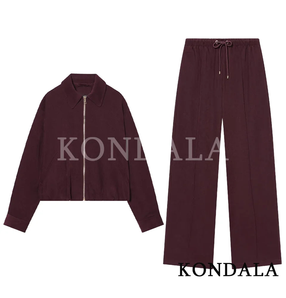 KONDALA Trendy Casual Pants Set Women Elegant High Street Loose Lapel Zipper Jacket, Drawstring Trousers 2026 Spring Holiday Set