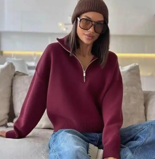 Half Zip Sweater Women's Autumn and Winter New Loose Fitting Pullover Solid Color Lapel Knitted Sweater Top
