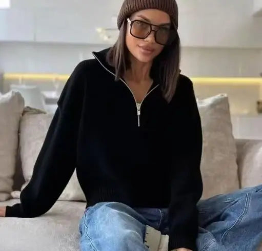 Half Zip Sweater Women's Autumn and Winter New Loose Fitting Pullover Solid Color Lapel Knitted Sweater Top