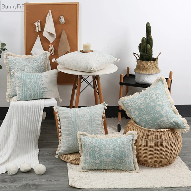Green Cotton Linen With Cushion Cover 45x45cm/30x50cm Vintage Pillow Cover Tassles for home decoration Living Room Retro