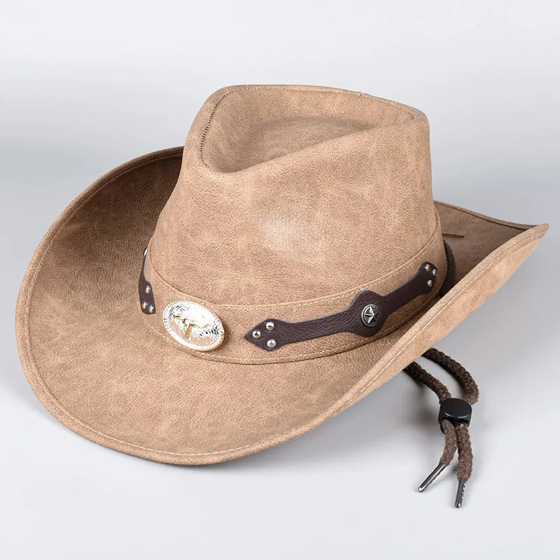 Classic Western Men's Cowboy Hat Women Cowgirl Cap Faux Leather Black Outdoor Casual Sombrero Hombre With Windproof Rope