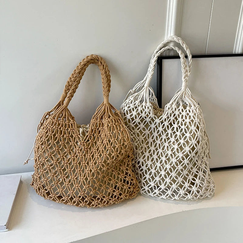 Hand-Woven Bag Women Handmade Hollow Handbag Female Shoulder Bag Big Capacity Summer Casual Travel Beach Tote Purse