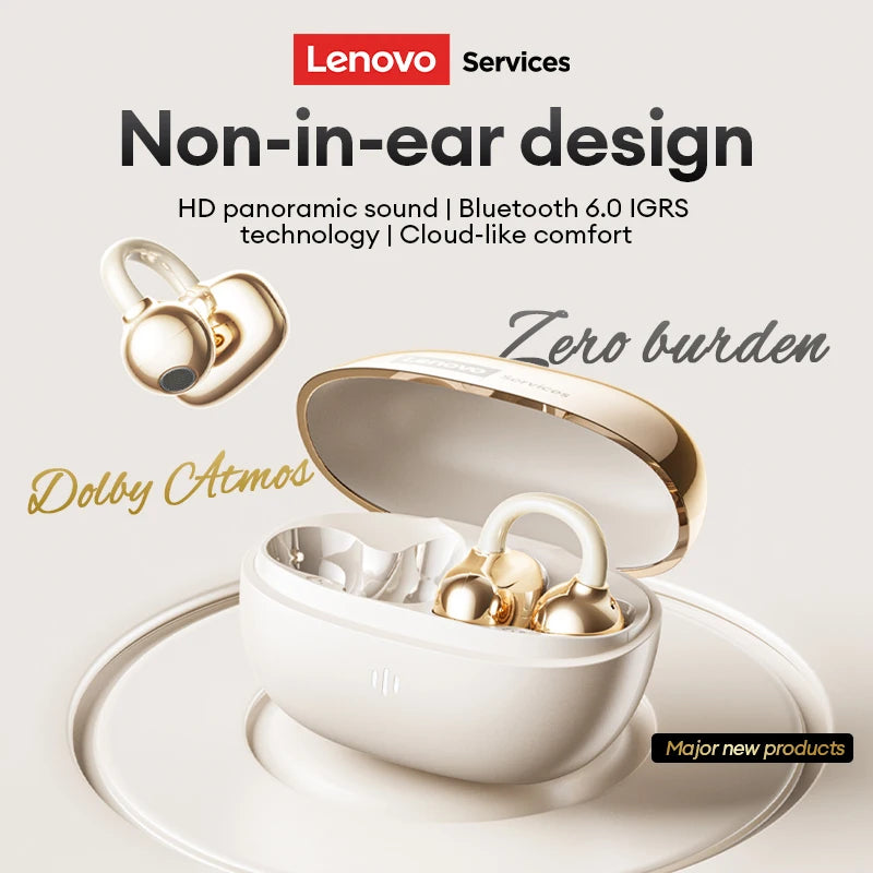 New Lenovo RS103 Wireless Bluetooth 6.0 Ear Clip Earphones 360° Surround Sound Headphones 24H Long Battery Life Earbuds for Mic