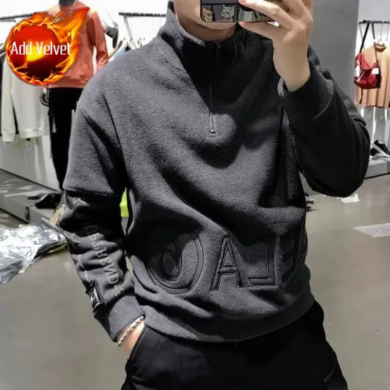 Half Zip Pullover Male Clothes Sweatshirt for Men Hoodieless Slim Fit Top Y2k Vintage 90s No Brand Emo Autumn S Winter Cotton