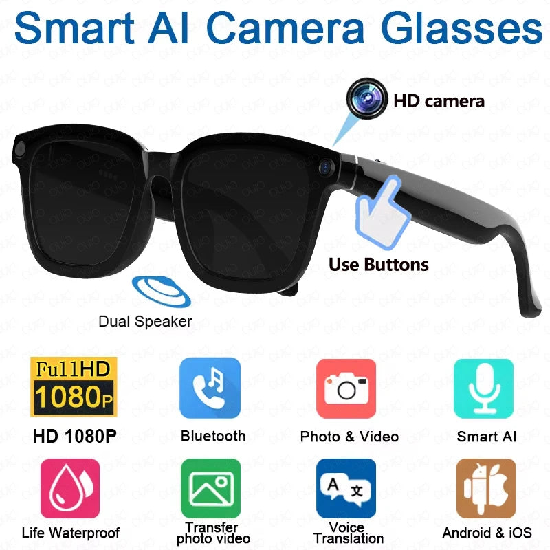 New AI Smart Glasses 800W HD Camera 1200P Video Recorder Waterproof Music Al Voice Translation Identify Pictures Smart Glasses