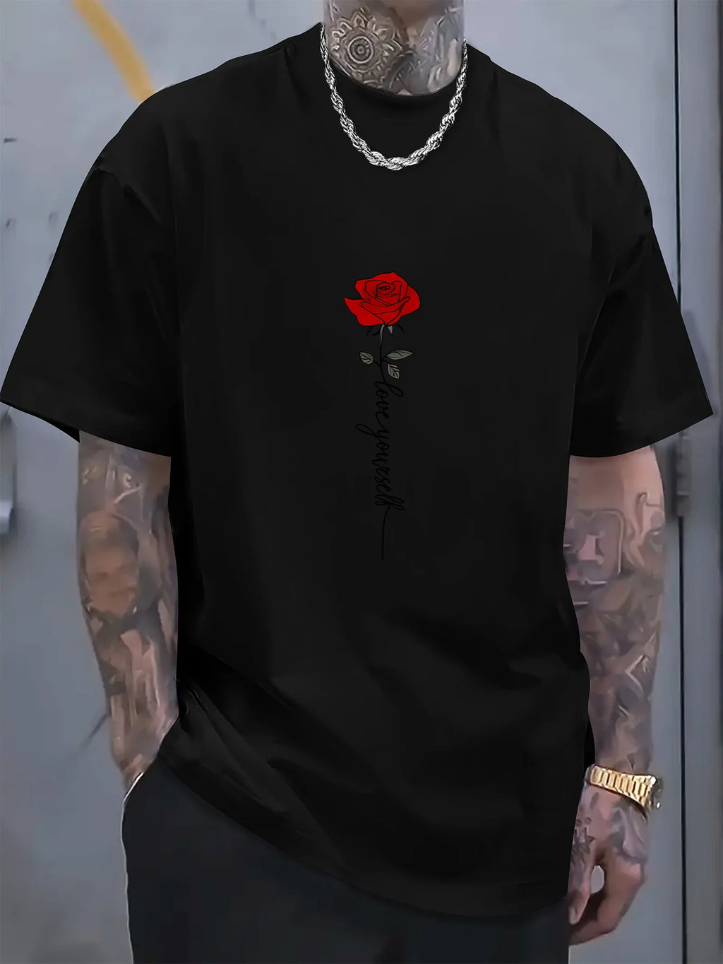 Men's summer 100 cotton fashionable casual sports loose red rose pattern printed round neck short sleeved T-shirt top