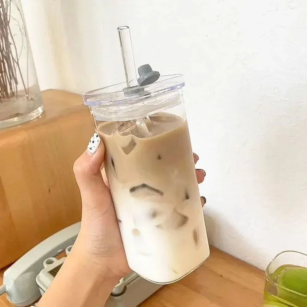 Square Heat Resistant Coffee Glass Cup With Lid and Straw 1pc Heat Resistant Glass Cup For Milk Tea Juice Iced Coffee & Smoothie