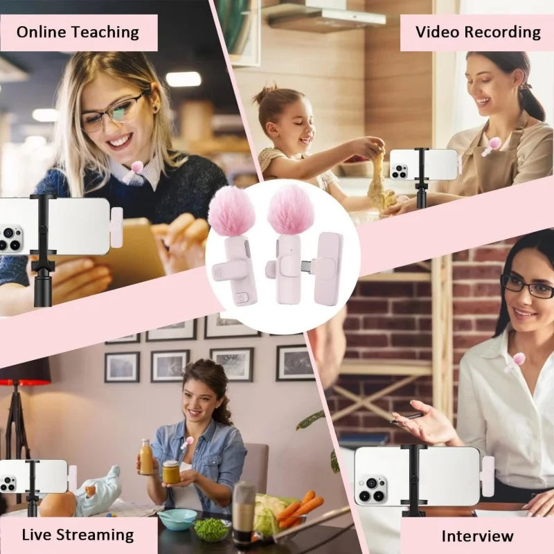 Pink &White K60 Wireless Lavalier Microphone Smartphone,Clip On Lapel Mic Plug-Play Microphone For Video Audio Recording