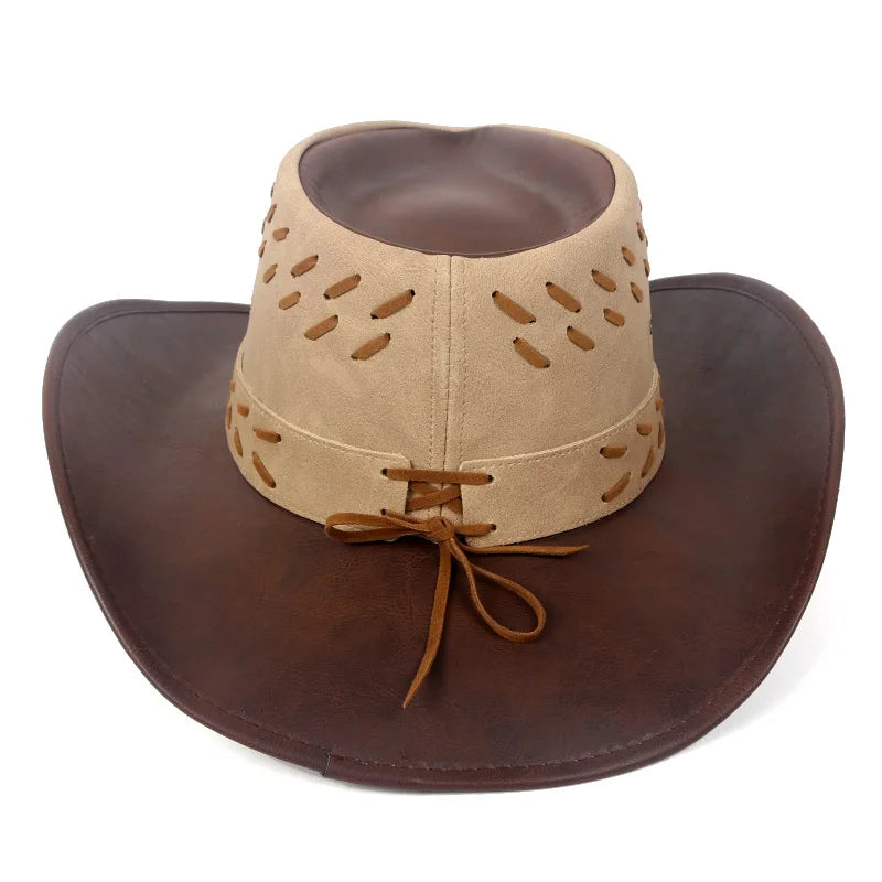 Classic Western Men's Cowboy Hat Women Cowgirl Cap Faux Leather Black Outdoor Casual Sombrero Hombre With Windproof Rope