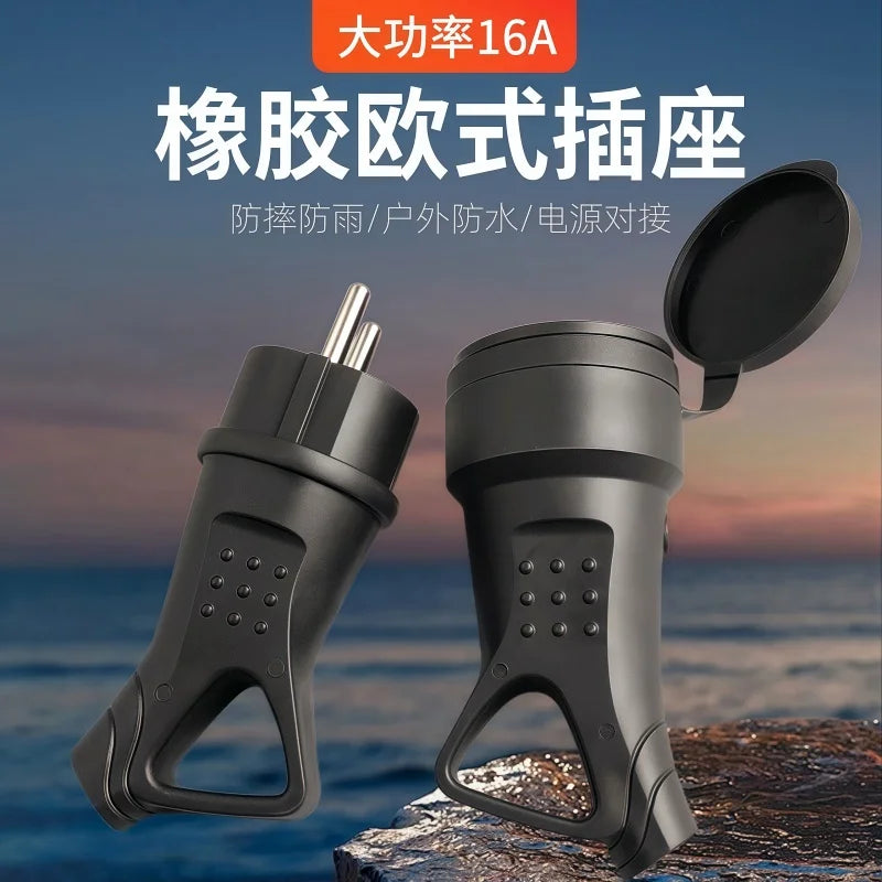 EU Rubber Waterproof Socket Plug Electrial Grounded European Connector With Cover IP54 For DIY Power Cable Cord 16A 250V
