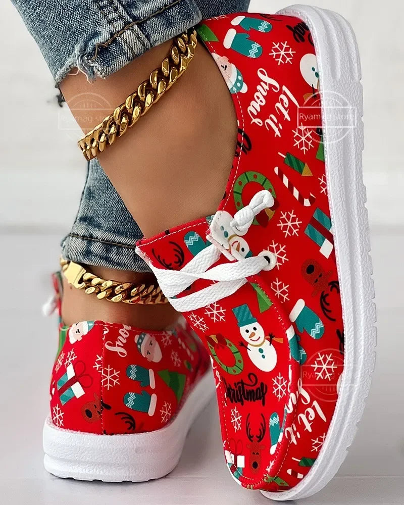Loafers Women's Christmas Snowman Elk Graphic Print Lace-up Round T Women's Vulcanize Shoes Canvas Women Flat Shoes Zapatos - Free Item Weekend (50% off).