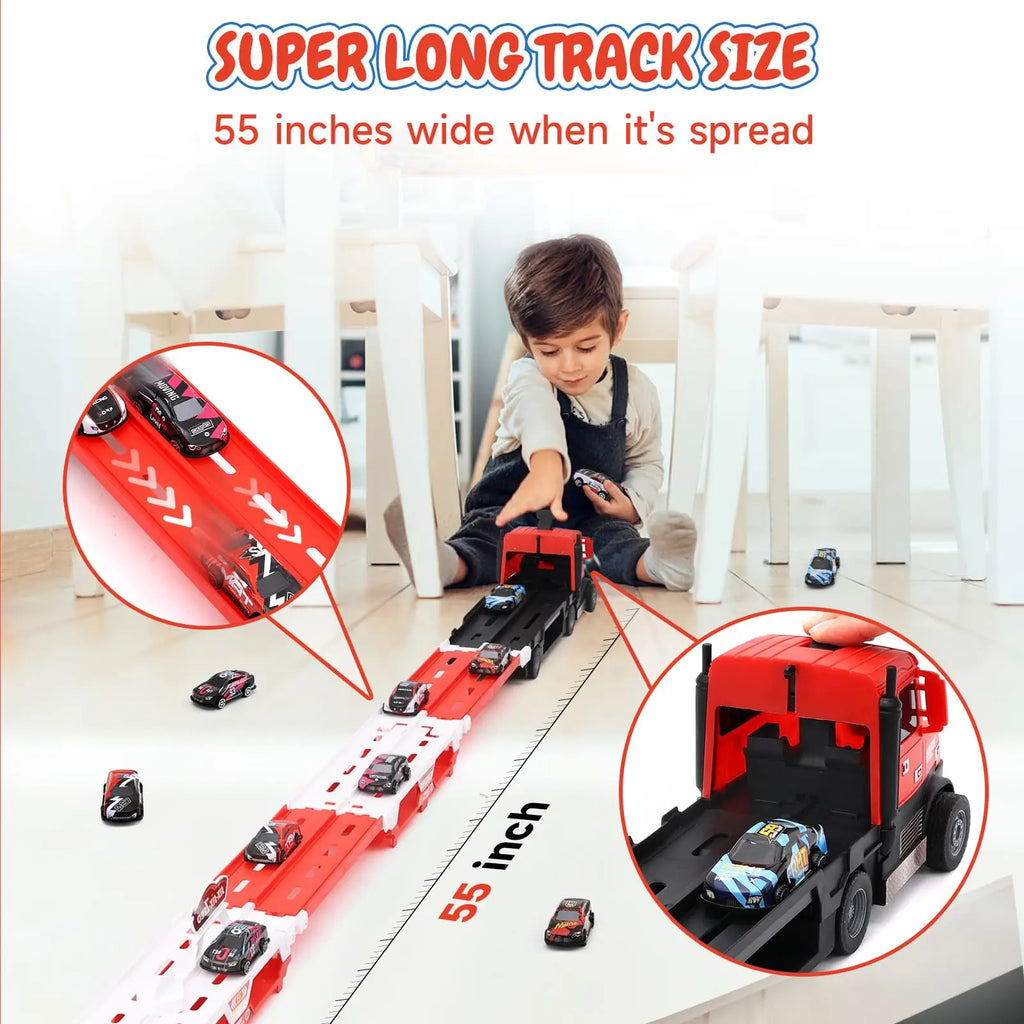 TALGIC Car Transporter Toy Truck for Toddlers 3-5 with 55-Inch Ejection Race Track with 6 Race Cars Gift for Kids Ages 3-5, 4-8