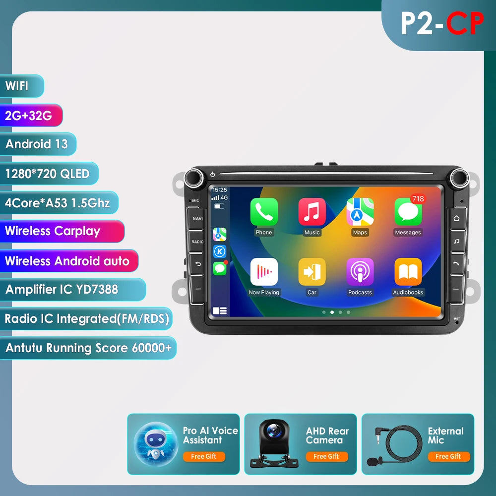 Hizpo 2Din 8'' Carplay 4G AI Systems Android 14 Car Radio forVolkswagen Golf 5 6 Polo Passat B6 B7 CC Skoda Jetta  Autoradio