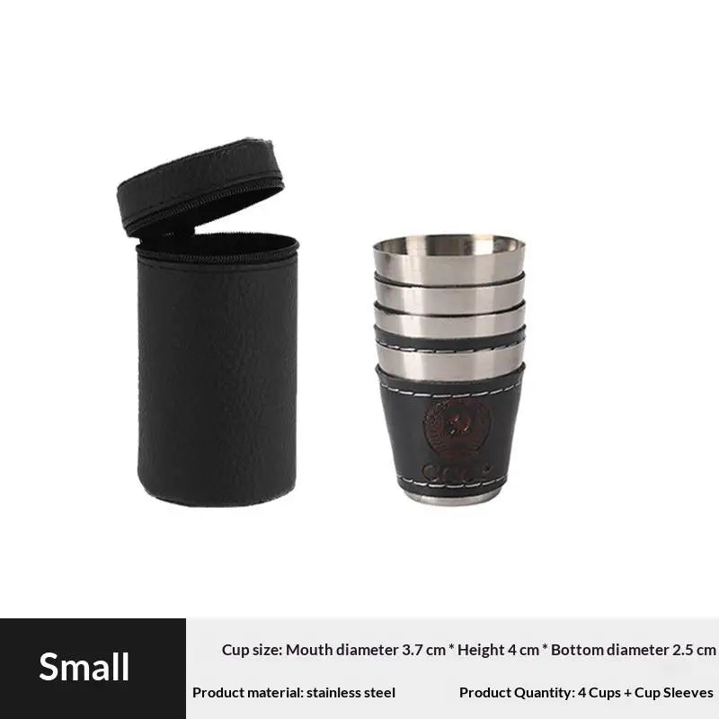 4Pcs/Set Wine Beer Whisky Cup Camping Tableware Outdoor Travel Cups Stainless Steel Cup With PU Leather Portable Coffee