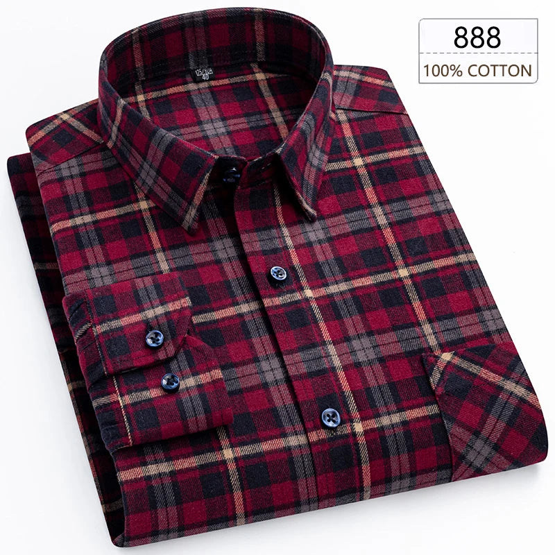 New Spring Long Sleeve Plaid Shirts For Men 100% Cotton Flannel Plus Size Easy care Confortable Top Casual Smart Dress Shirts