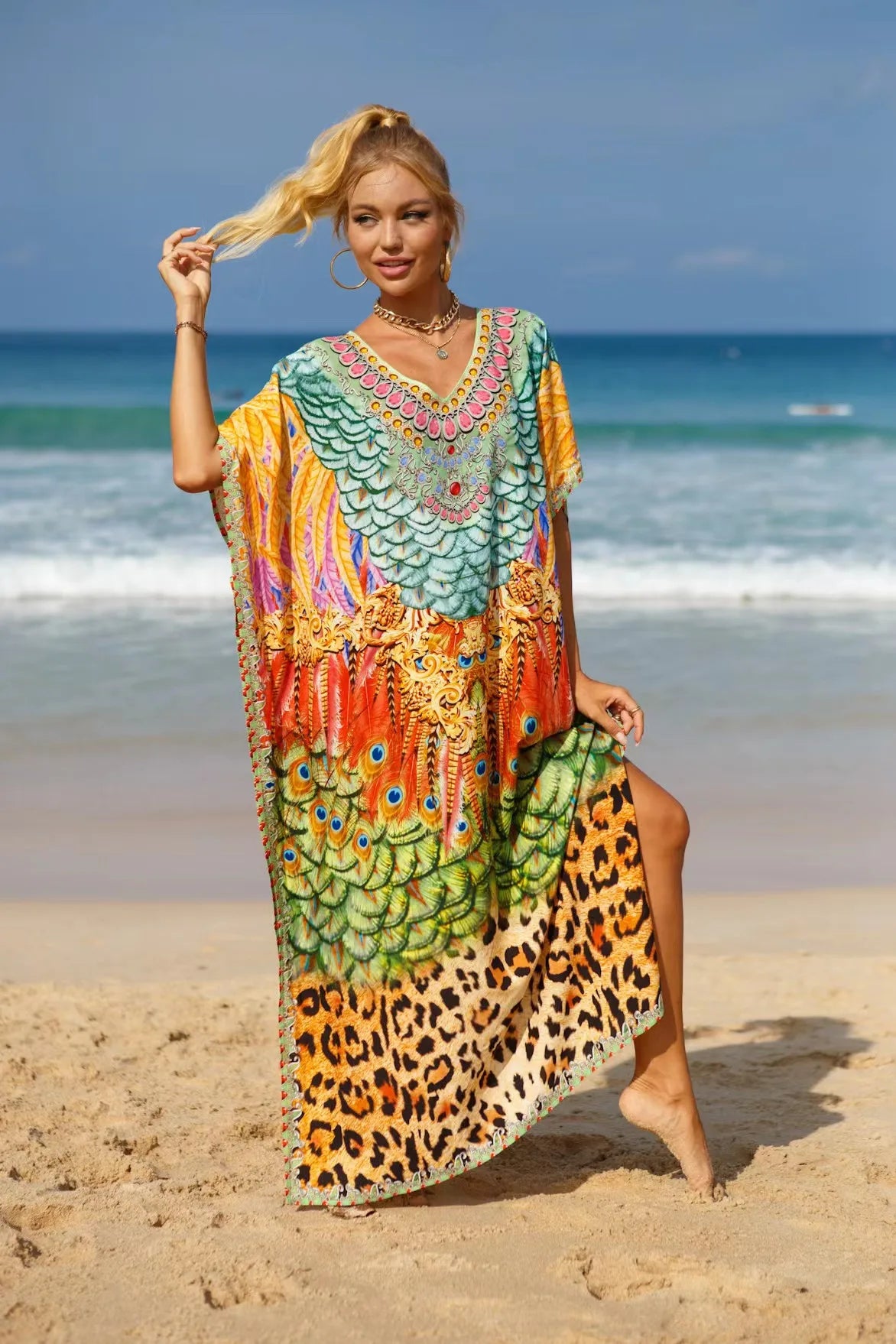 Kaftan Dresses Tropical Printed Cover Ups for Swimwear Women Elegant Maxi Robe Holiday Bathing Suits Dropshipping Hot Sales