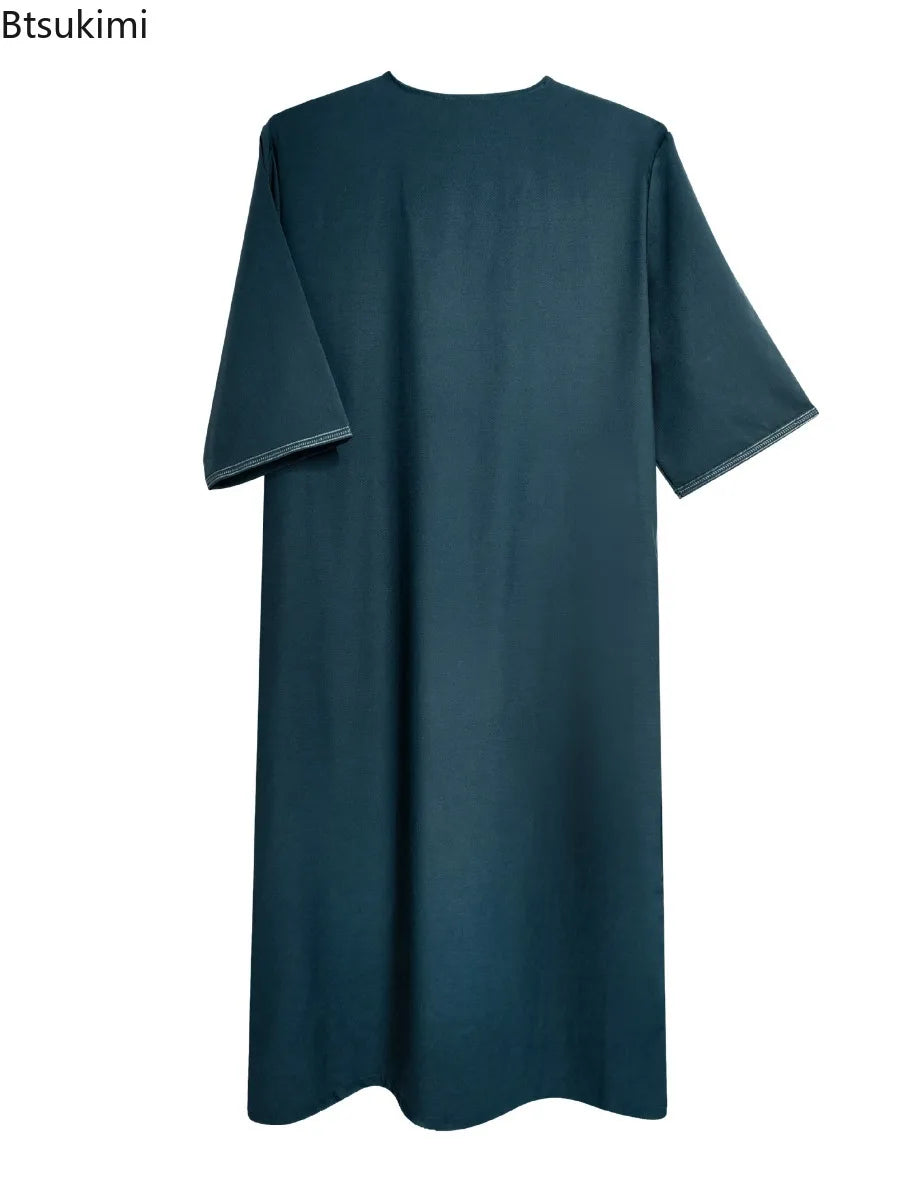 2026 Summer Kaftan Men's Muslim Fashion Abayas Short Sleeve Embroidered Loose Casual Robe Breathable Ethnic Style Moroccan Thobe