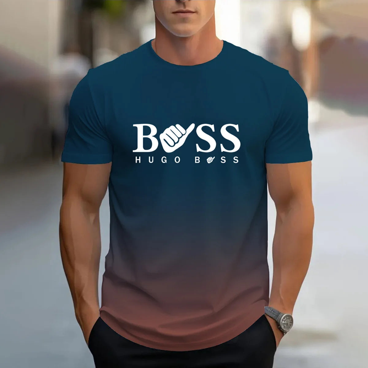 men's summer clothing casual gradient color short sleeved digital letter printed casual versatile round neck T-shirt top for men