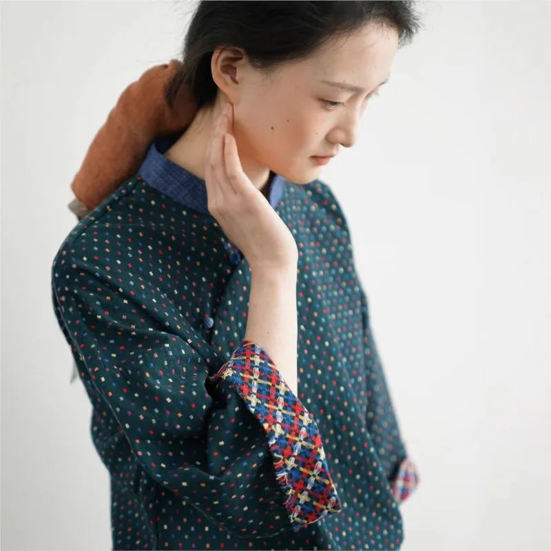 Johnature Women Vintage Cotton Shirts And Tops Polka Dot Stand Chinese Style Blouses 2025 Spring New Seven Sleeve Female Shirts