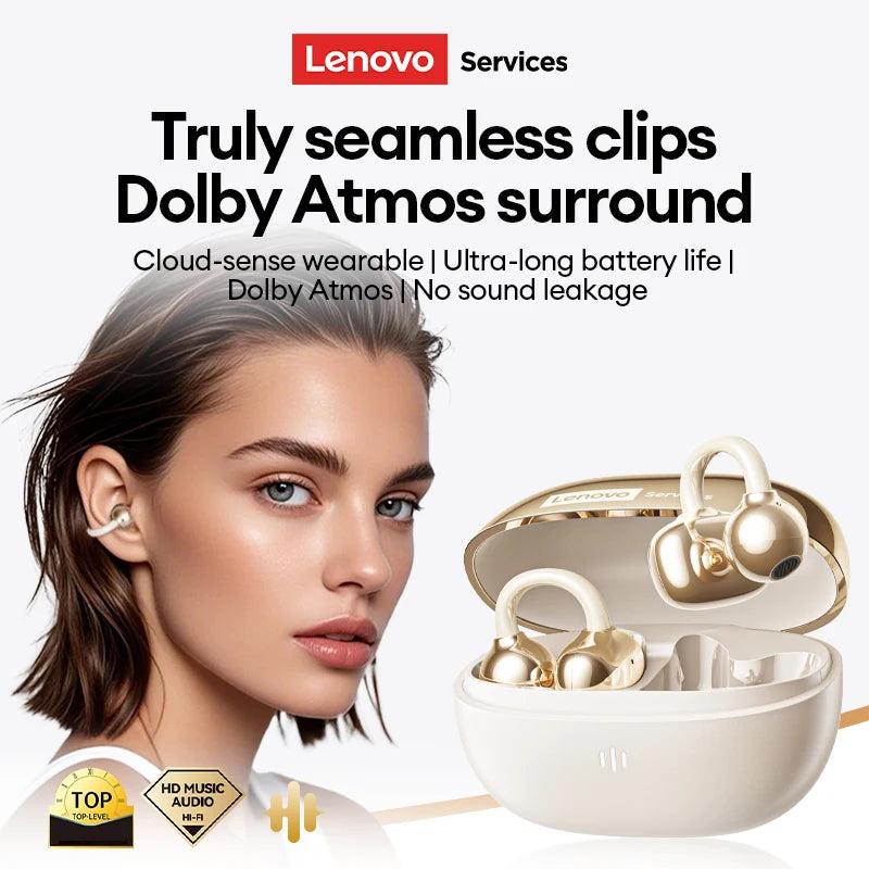 New Lenovo RS103 Wireless Bluetooth 6.0 Ear Clip Earphones 360° Surround Sound Headphones 24H Long Battery Life Earbuds for Mic