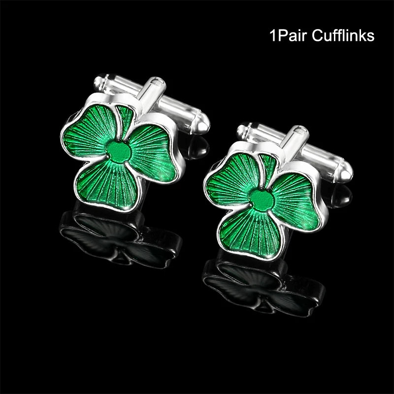 Fashion Enamel Four Leaf Clover Tie Clip Cufflinks Collar Studs Cuff Links Set Women Men Business Shirt Tie Jewelry Accessories