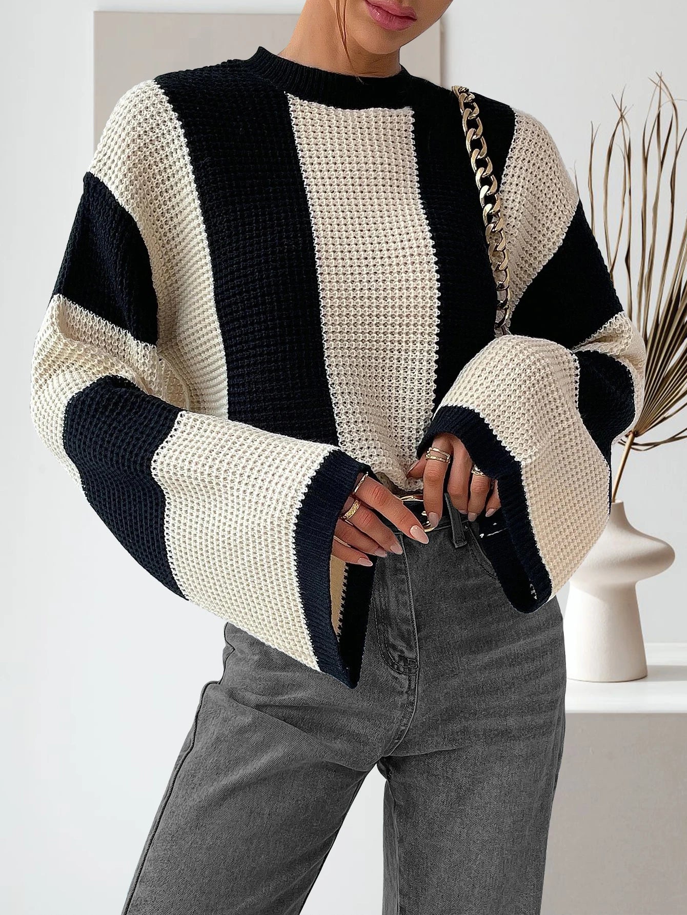 Women's Colorblock Drop Shoulder Knit Top, Casual Long Sleeve Round Neck Knitwear for Spring and Fall, Women's Knit Clothing