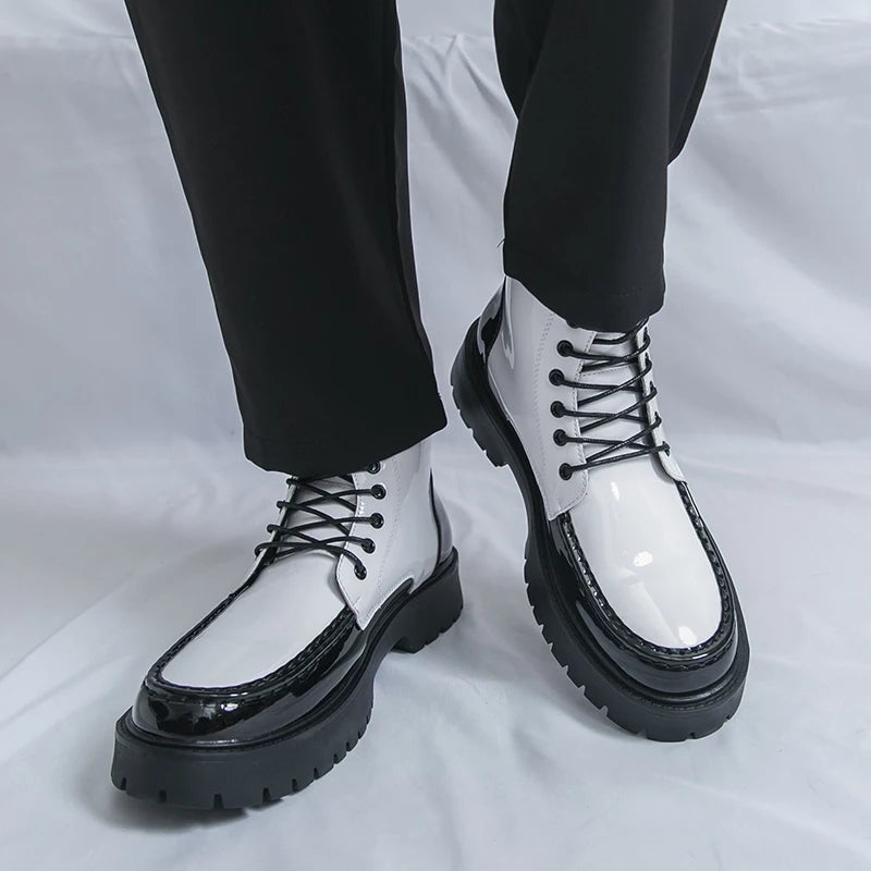 Men High Top Boots with PU Round Toe  Lightweight Sole Comfortable Fashionable Classic Casual Lace Up Side Zipper Men Boots