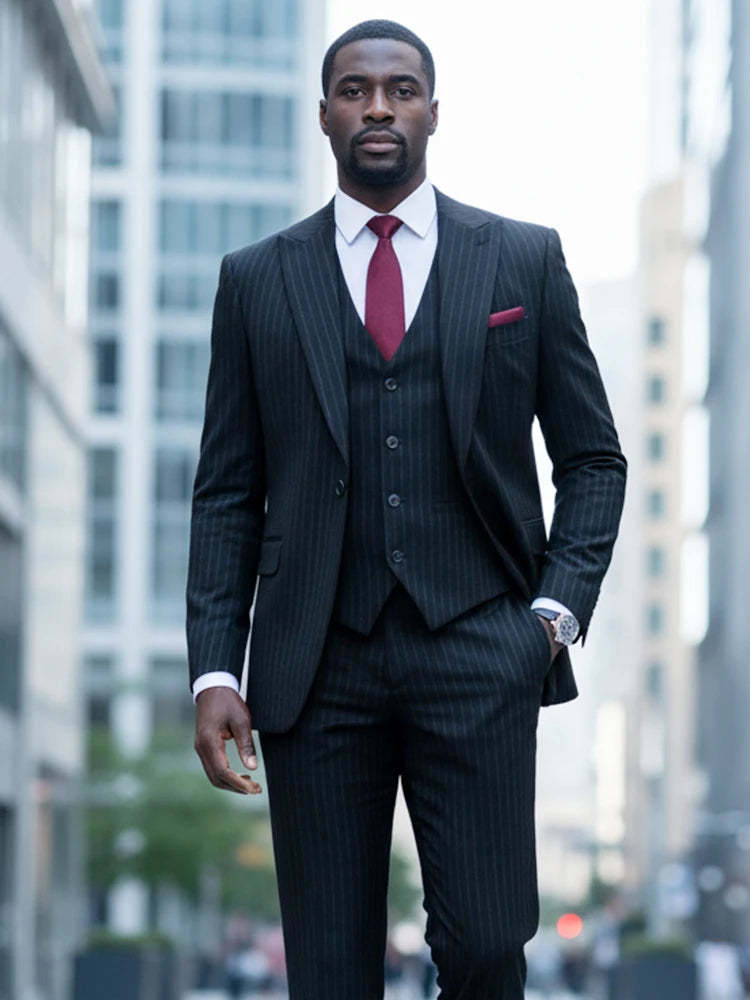 3-piece set(Jacket + vest+pants)  black striped suit slim fit luxurious and elegant men's business suit wedding