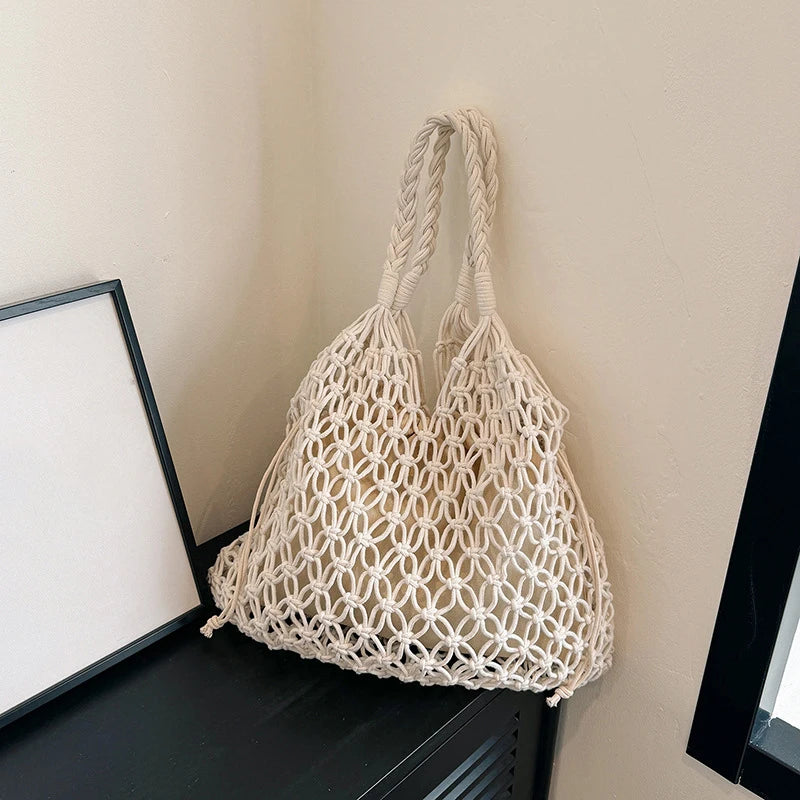 Hand-Woven Bag Women Handmade Hollow Handbag Female Shoulder Bag Big Capacity Summer Casual Travel Beach Tote Purse