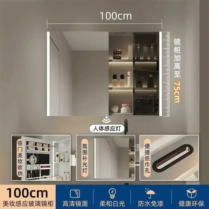 Smart Bathroom Cabinets Makeup Mirror Storage Cabinet LED Light Wall Mirror Cabinet with Time Digital Display Bathroom Furniture