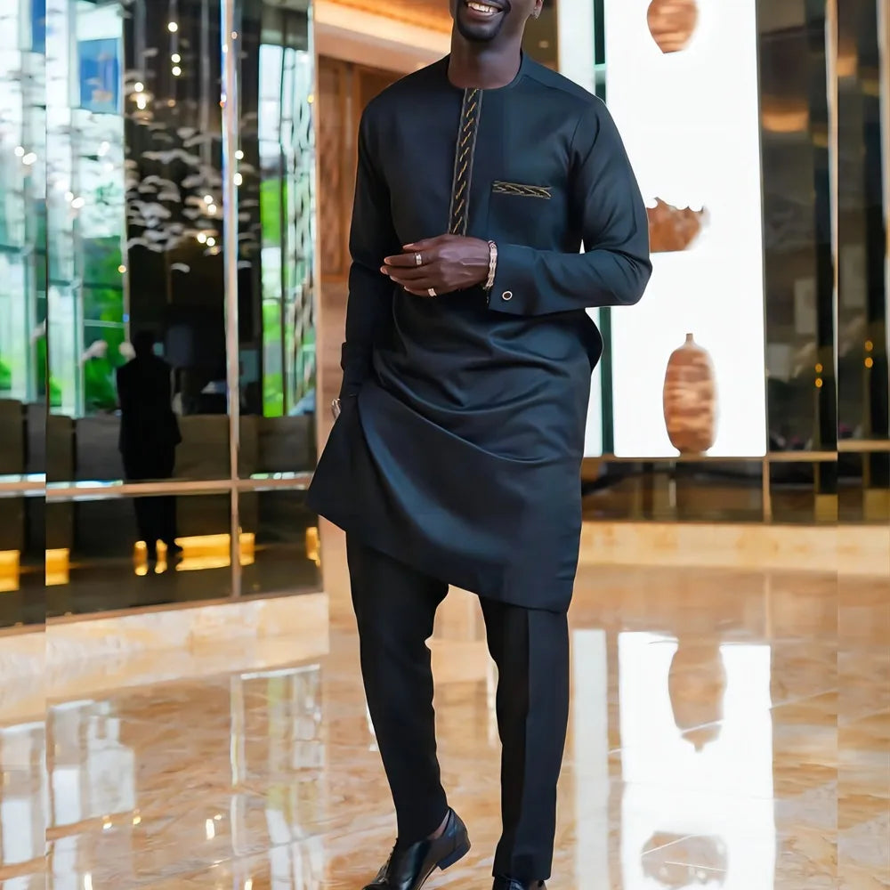 Kaftan Luxury Designer Men's Set African Clothing Men Suit Solid Color Embroidered Top and Sweatpant 2Pcs Festive Wedding Simple