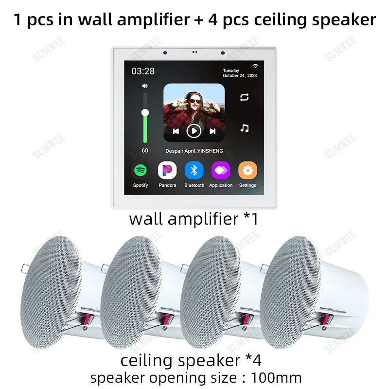 Smart Home Touch Screen 4 Inch Android 11 bluetooth audio in Wall Amplifier Alexa Voice Control Background Music Ceiling Speaker