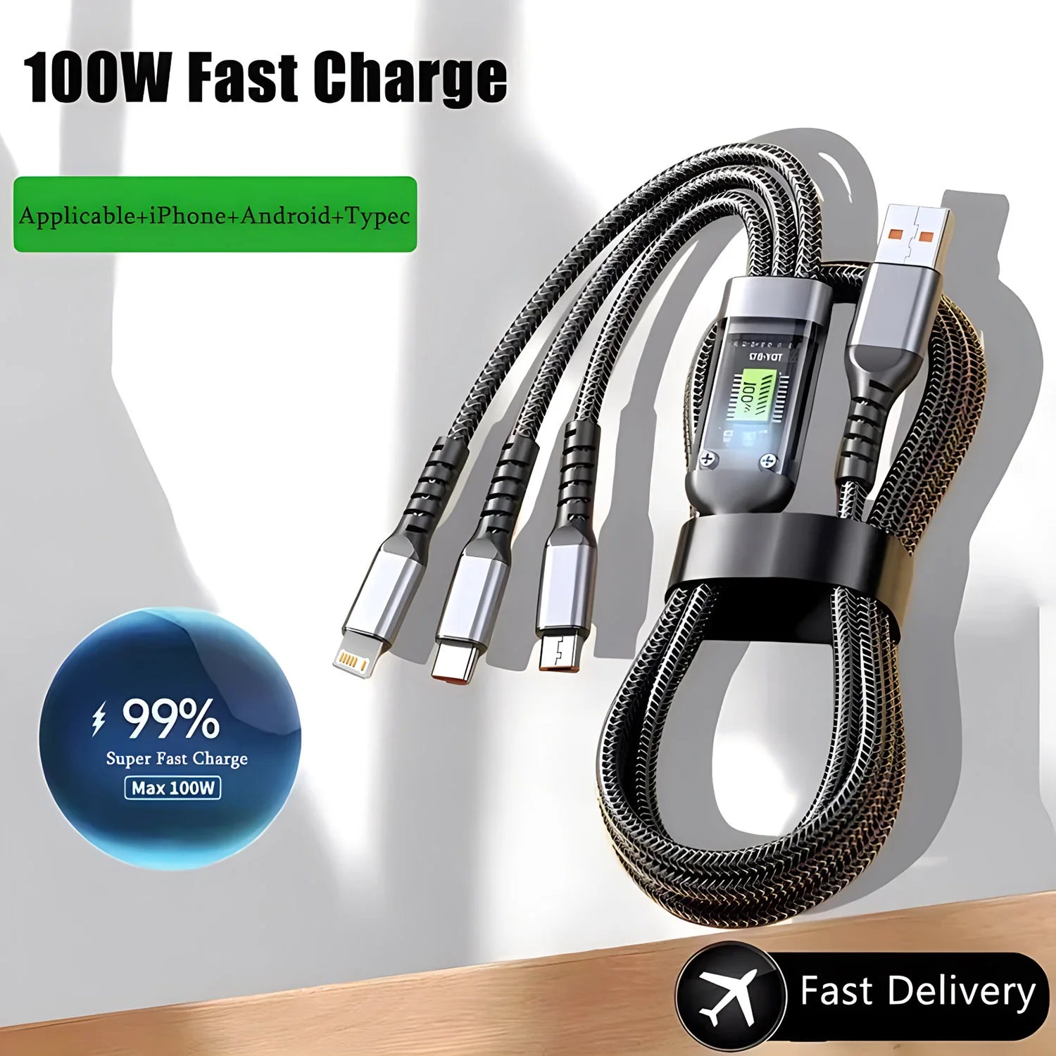 100W Fast Charging Cable Multi Charger Cable Nylon Braided Multiple USB Universal 3 in 1 Charging Cord Adapter with Type-C Micro - Free Item.