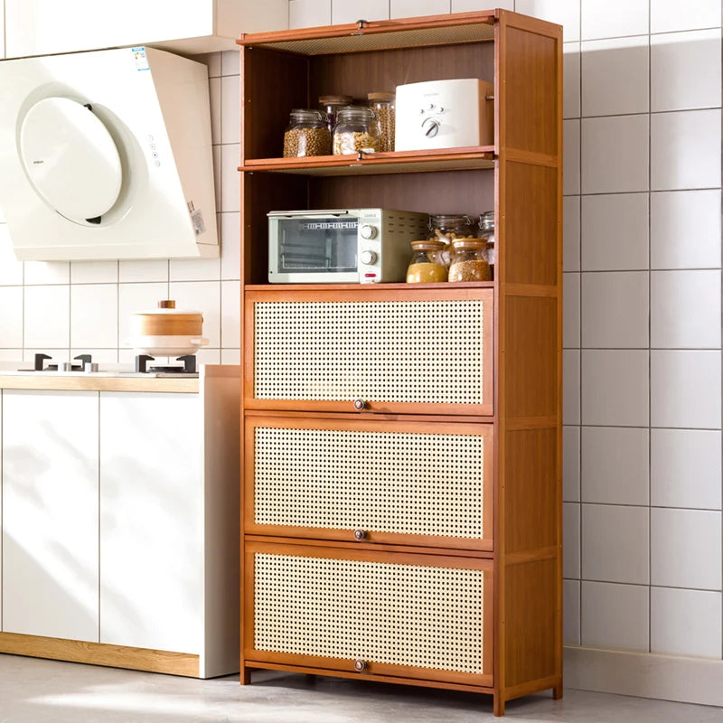 Kitchen Storage Cabinet with Handle, Mesh Door Microwave Oven Rack, Floor Standing Spice Organizer, Multi-Layer Tableware Shelf