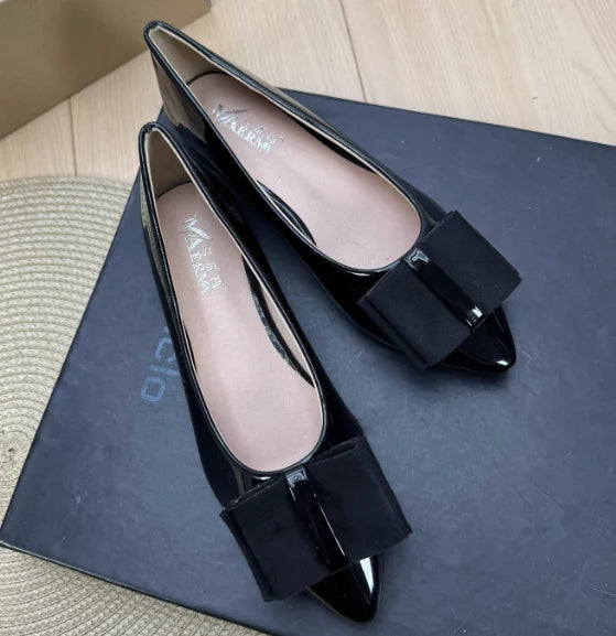 Women Shiny Leather Pointy Tip Slip-On Orange Green Flat Shoes Leathers Low Top Chaussures Bow 34 48 Skinny Shoes For Slim Feet