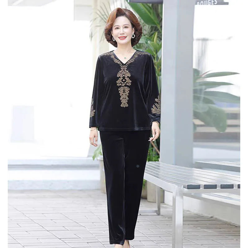 6XL 7XL Mom's Gold Velvet Sets Spring Autumn Large Size V-nevk  Hot Diamond Tops Pants 2 Piece Suit Elderly Women Velvet Outfit