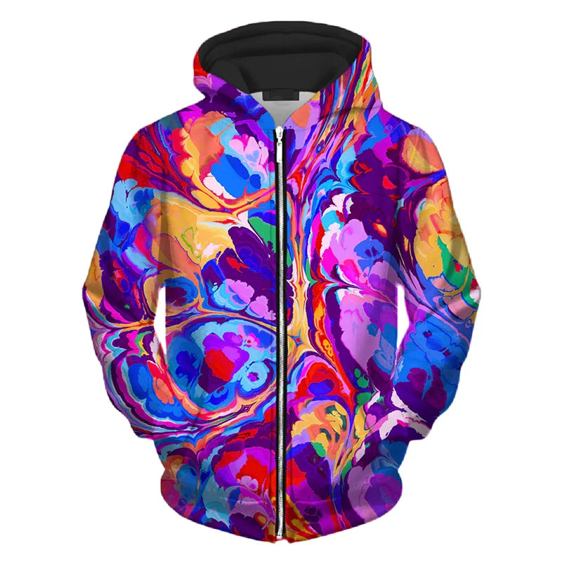 Cool Colorful Pattern Zip Hoodie Personality Street Harajuku Fashion Hooded Coat 3d Print Striped Dot 2024 Spring New Hoodies