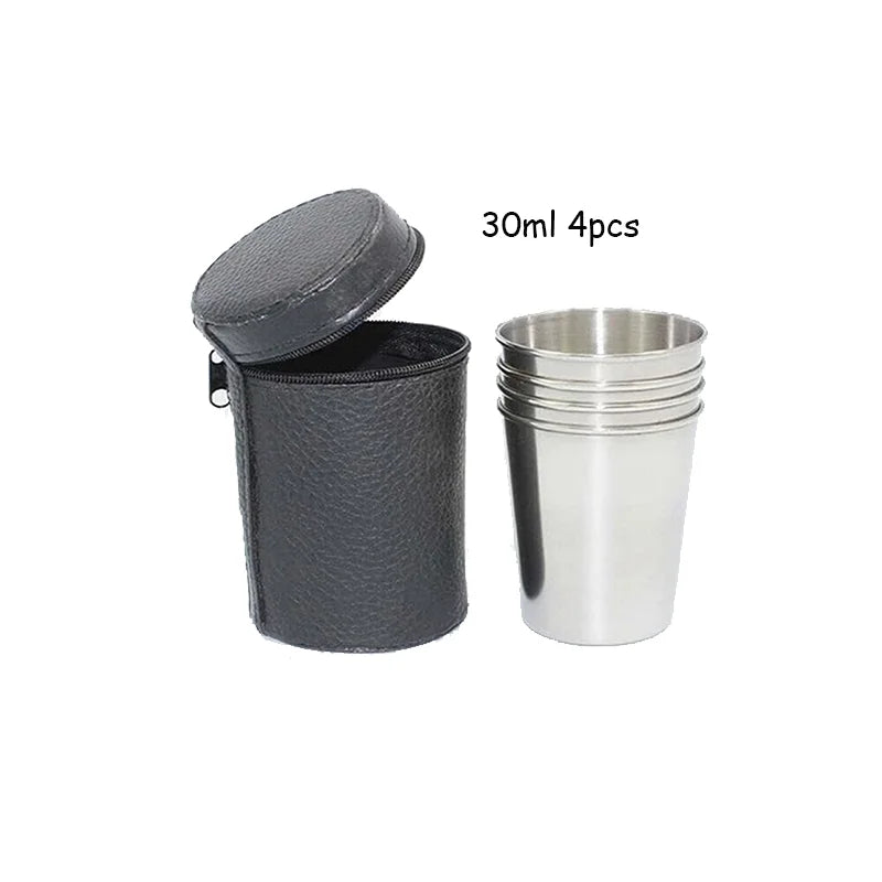 Outdoor camping -4-piece set of stainless steel mini whiskey glasses, portable black leather bag, 30ml/70ml/160ml