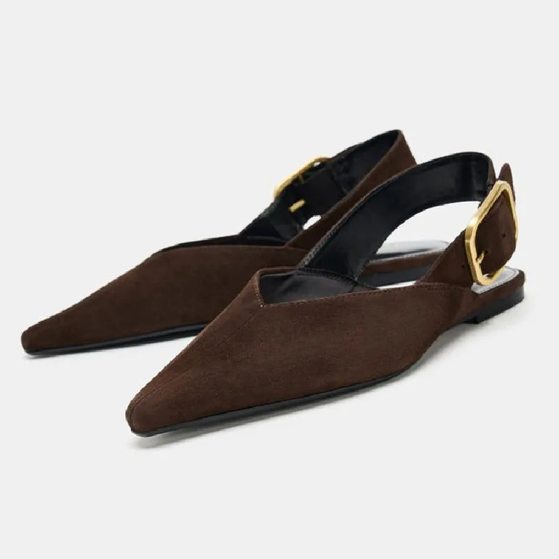 Fashion Back Strap Metal Buckle Flat Pumps Women Retro Brown Faux Suede Pointed Toe Slingback Loafers Comfortable Women Shoes