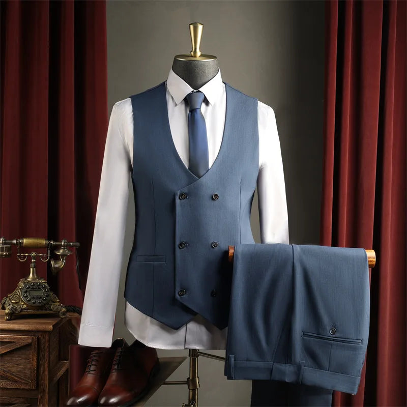 Man 3-piece Suit Outfit Single-breasted Long Sleeve Blazer Men V-neck Vest Straight-leg Pant Male Striped Business Casual Set