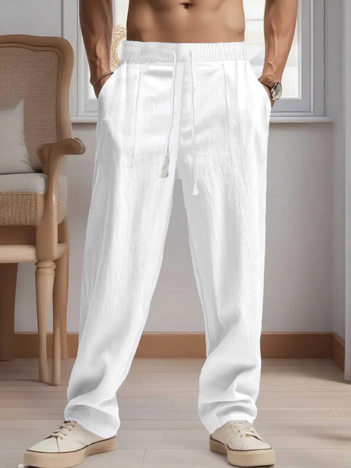 New men's Chinese-style solid-color cotton and linen pants for spring and autumn, with multiple pocket drawstring designs