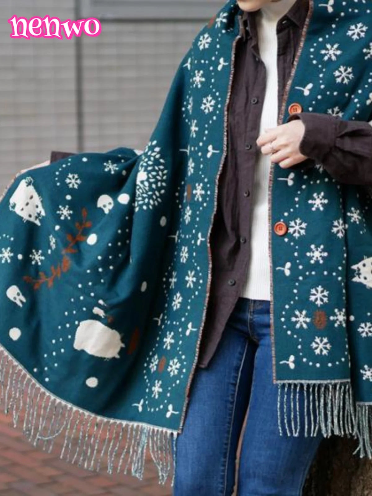 Scarfs Niche Scarf Shawl Fashionable Versatile Cute Cartoon Thickened Double-sided Winter Warm Button Scarf Girls Dual-purpose