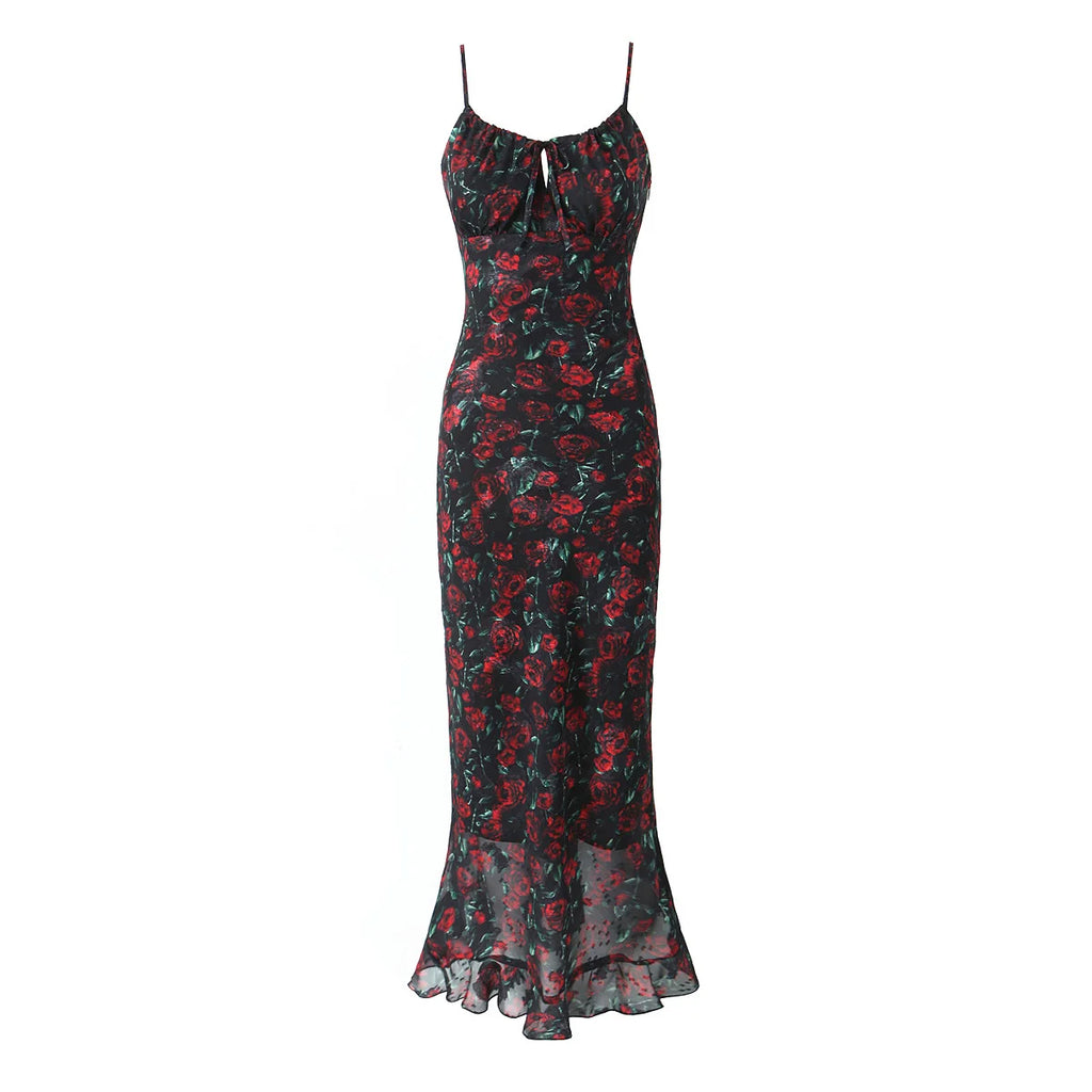 Midi dresses for women 2025 Summer bodycon dresses sexy vintage clothes dress elegant black dress front tie vintage floral dress