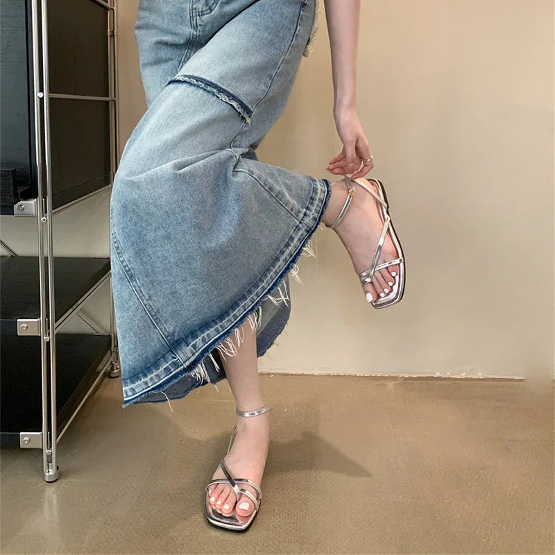 Summer Gladiator Women Sandals Fashion Elegant Narrow Band Clip Toe Shoes Ladies Comfort Flats Beach Sandalias
